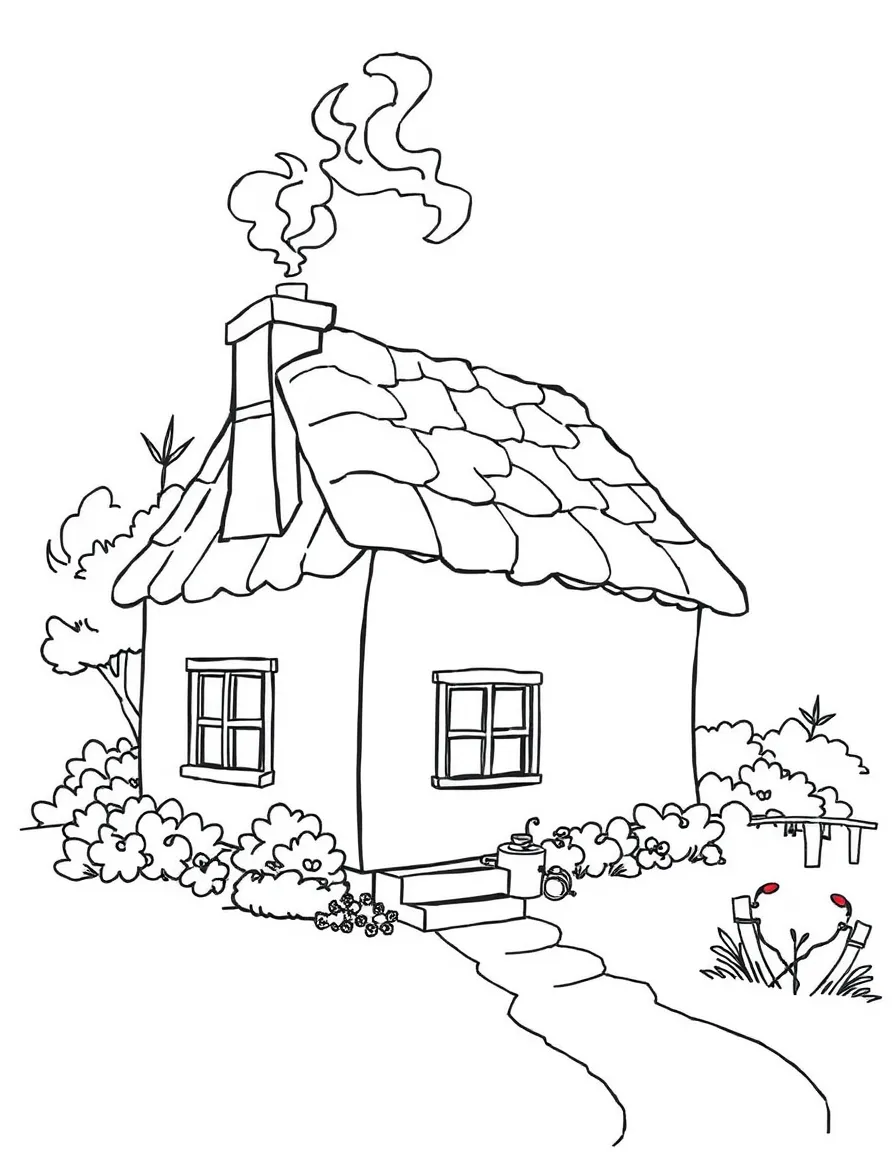 A cottage with a smoking chimney.