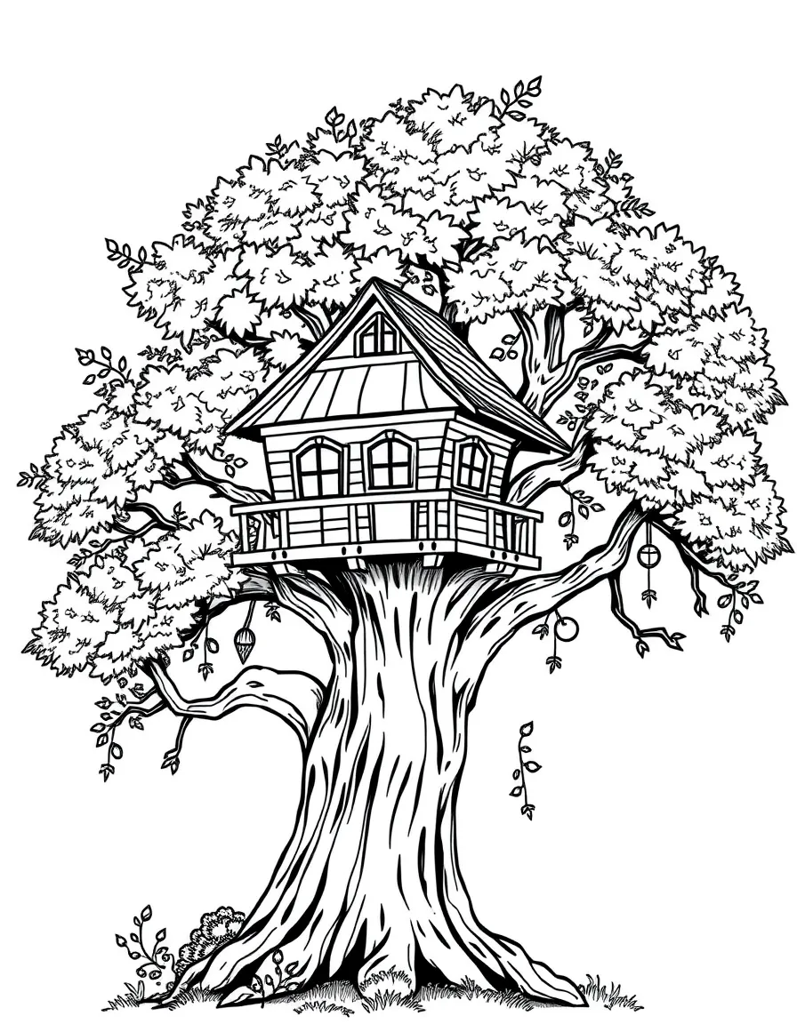A treehouse in a big tree.