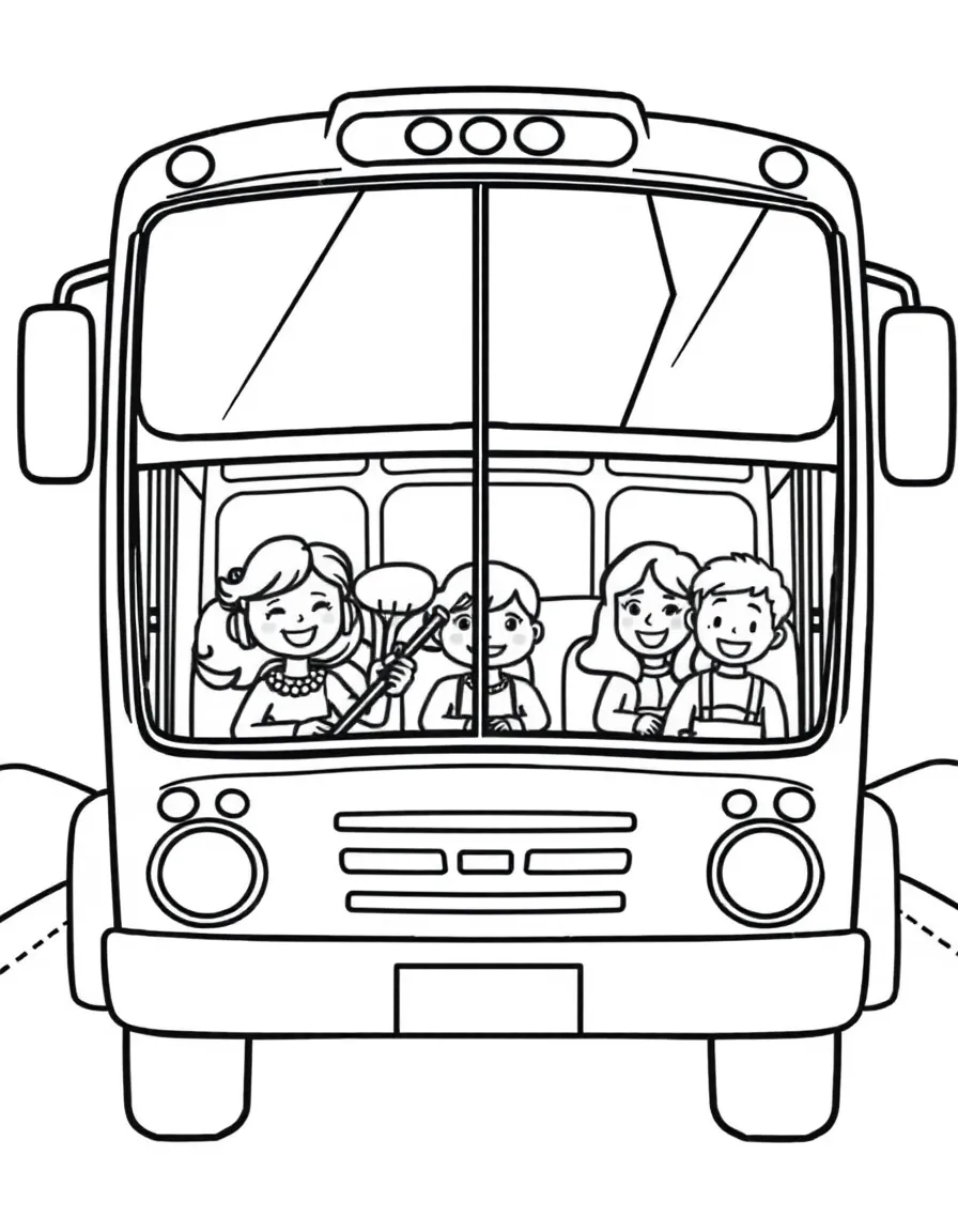 A bus with happy passengers.