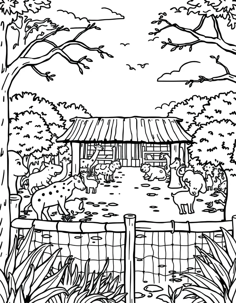 A zoo with animal enclosures.