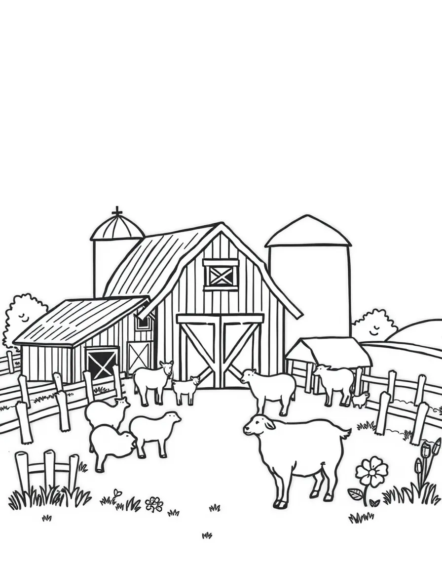 A farm with barns and animals.