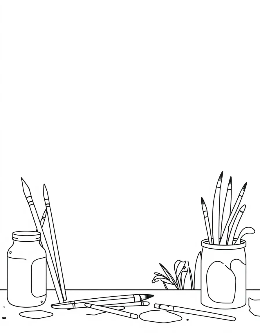 A art studio with paint and brushes.