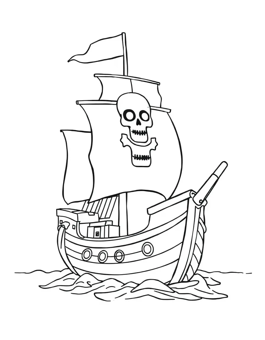 A pirate ship with a skull flag.