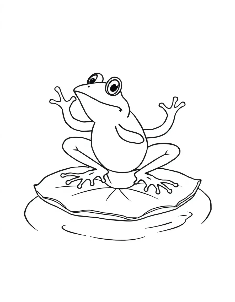 A jumping frog on a lily pad.