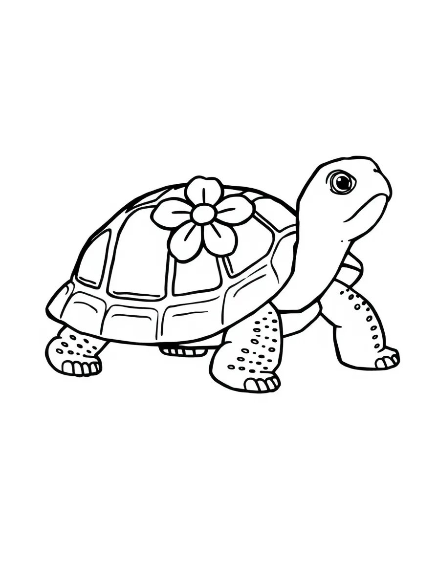 A slow turtle with a flower on its shell.