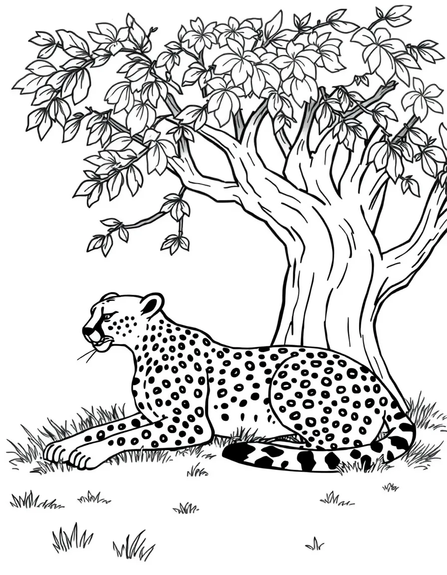 A speedy cheetah resting under a tree.