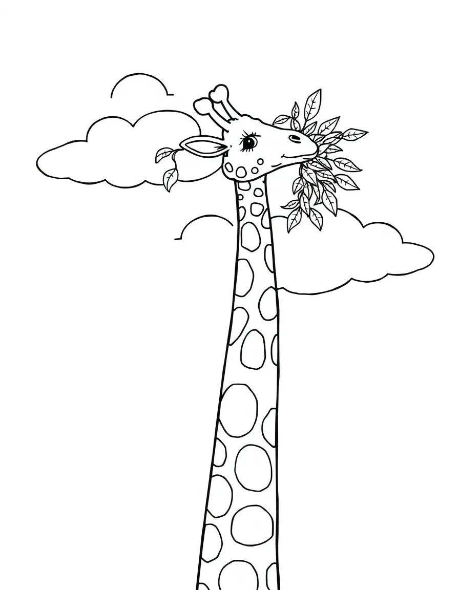 A tall giraffe eating leaves from a cloud.