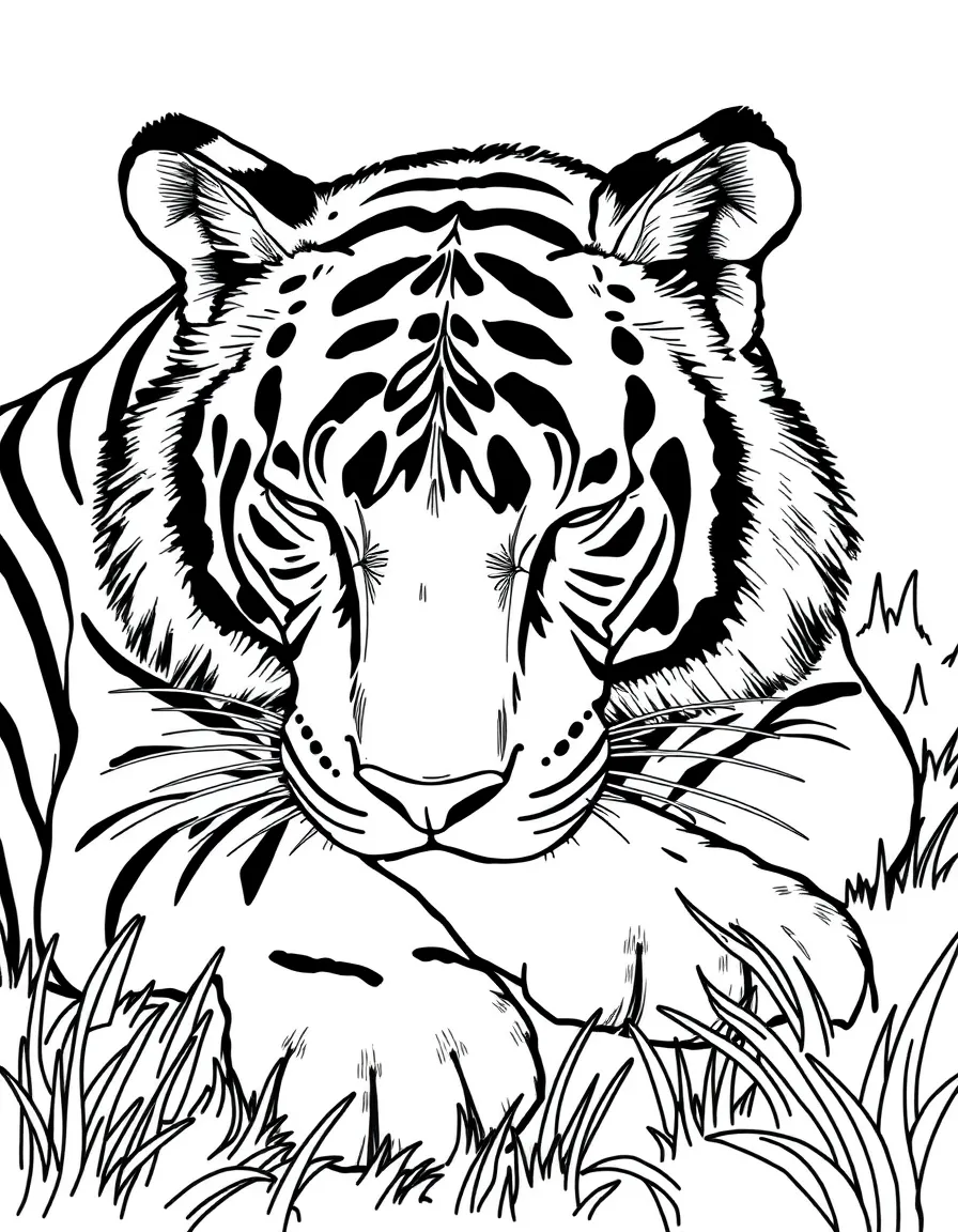 A striped tiger napping in the sun.