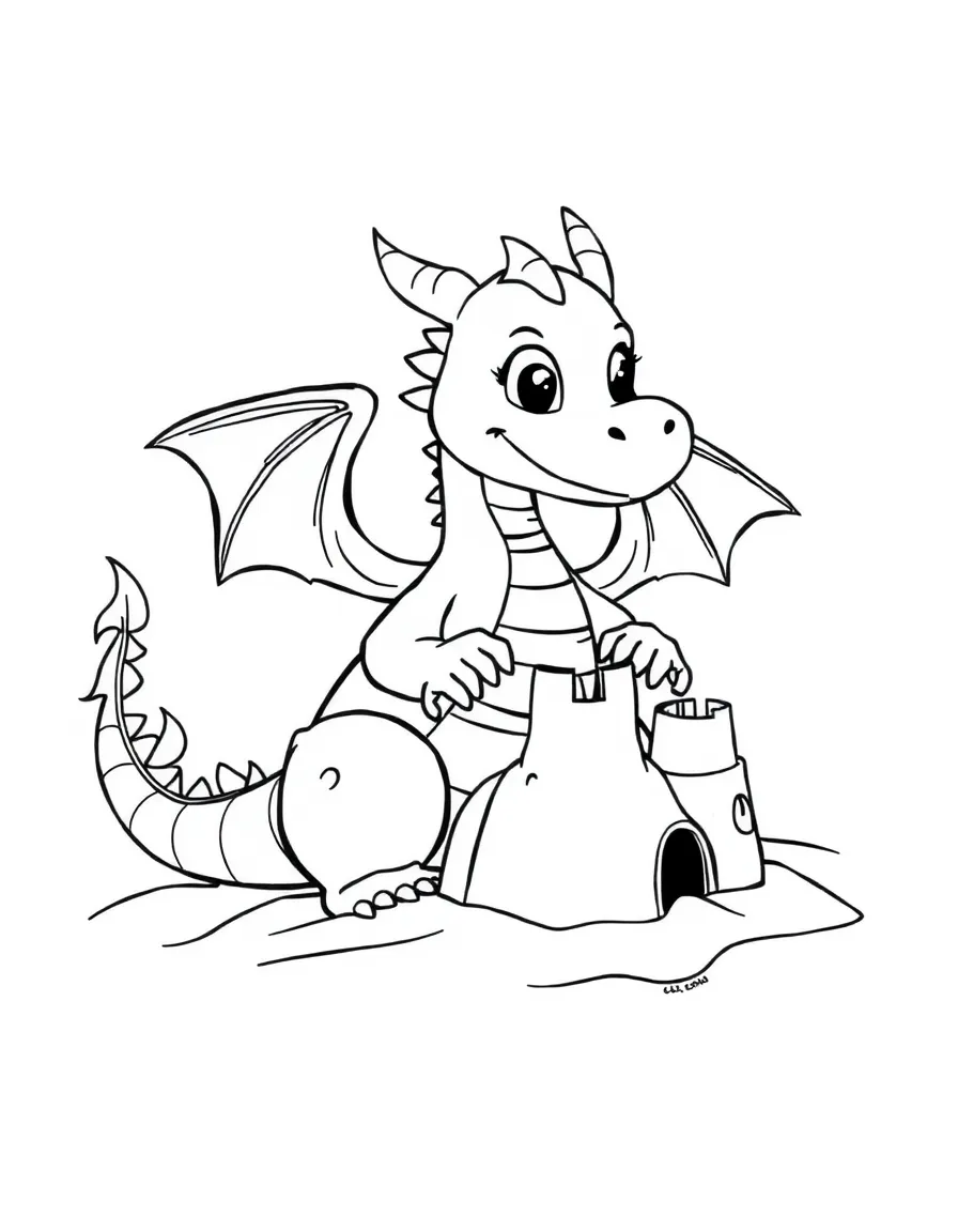 A friendly dragon building a sandcastle.