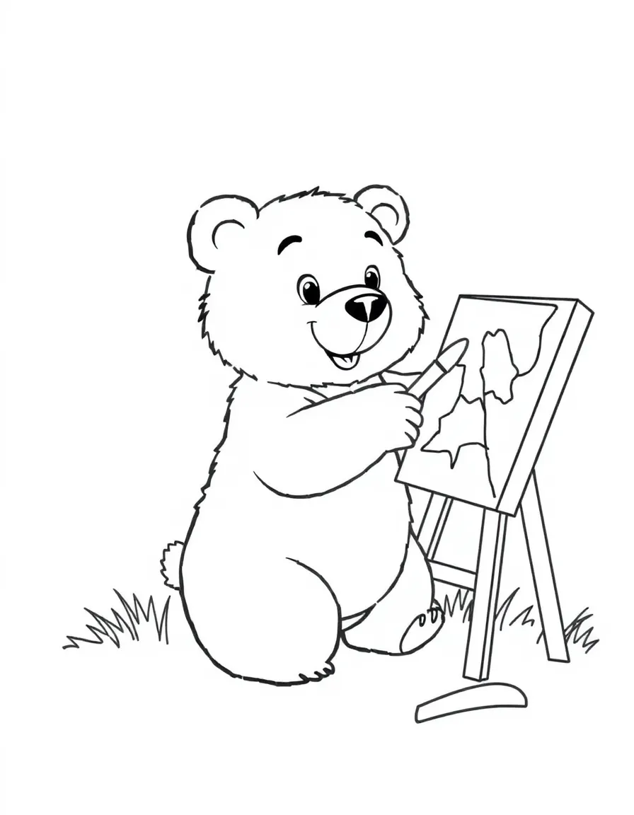 A curious bear painting a picture.