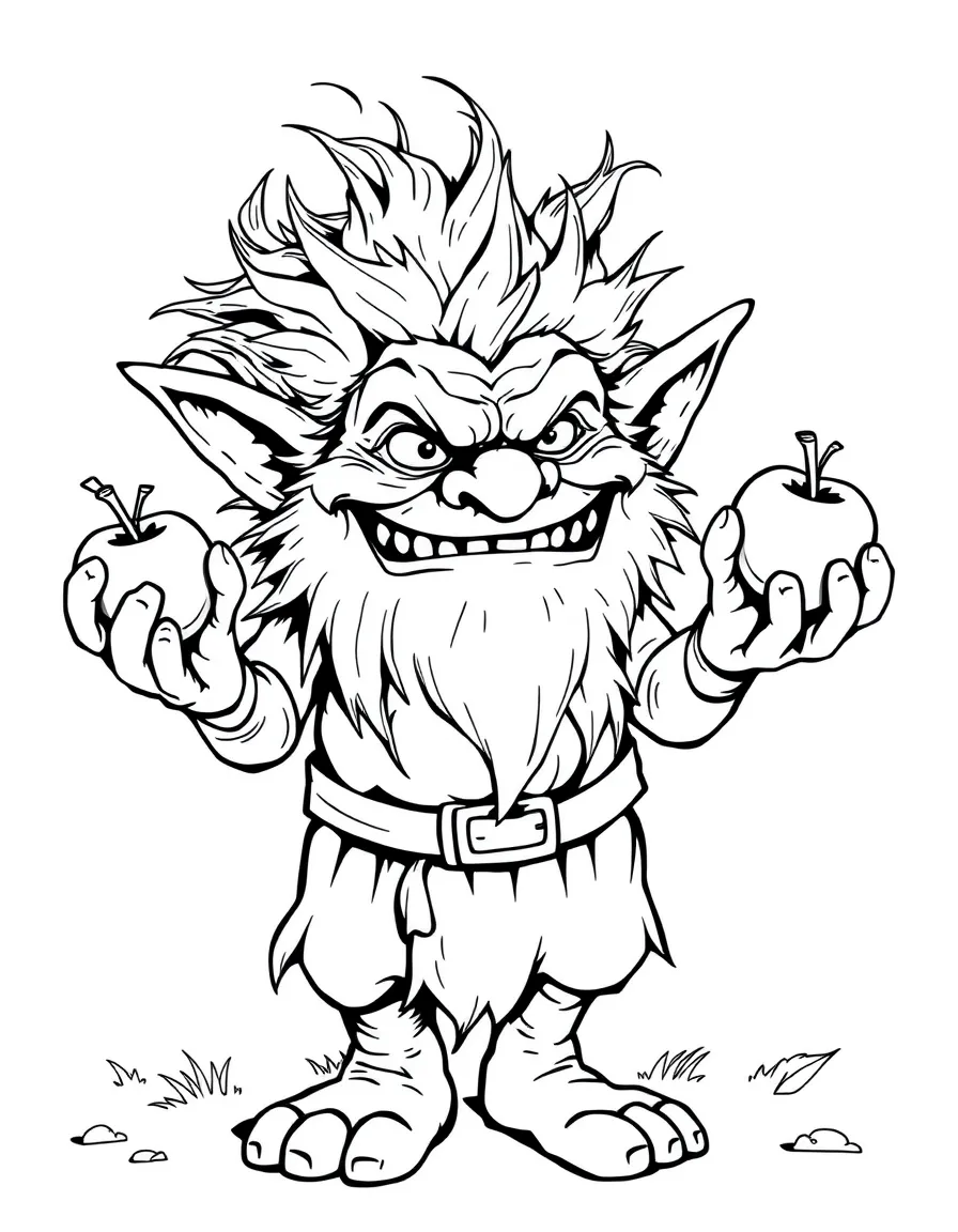 A grumpy troll juggling apples.