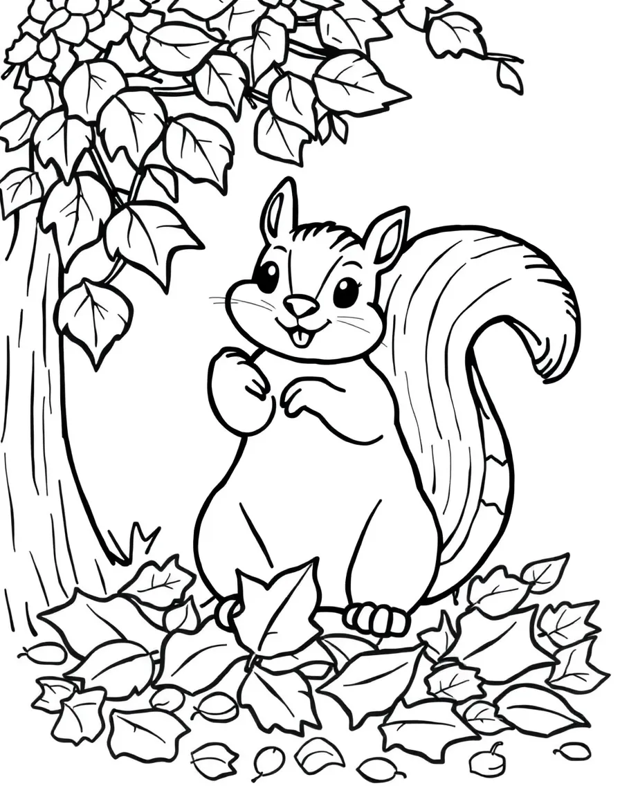 A happy squirrel collecting autumn leaves.