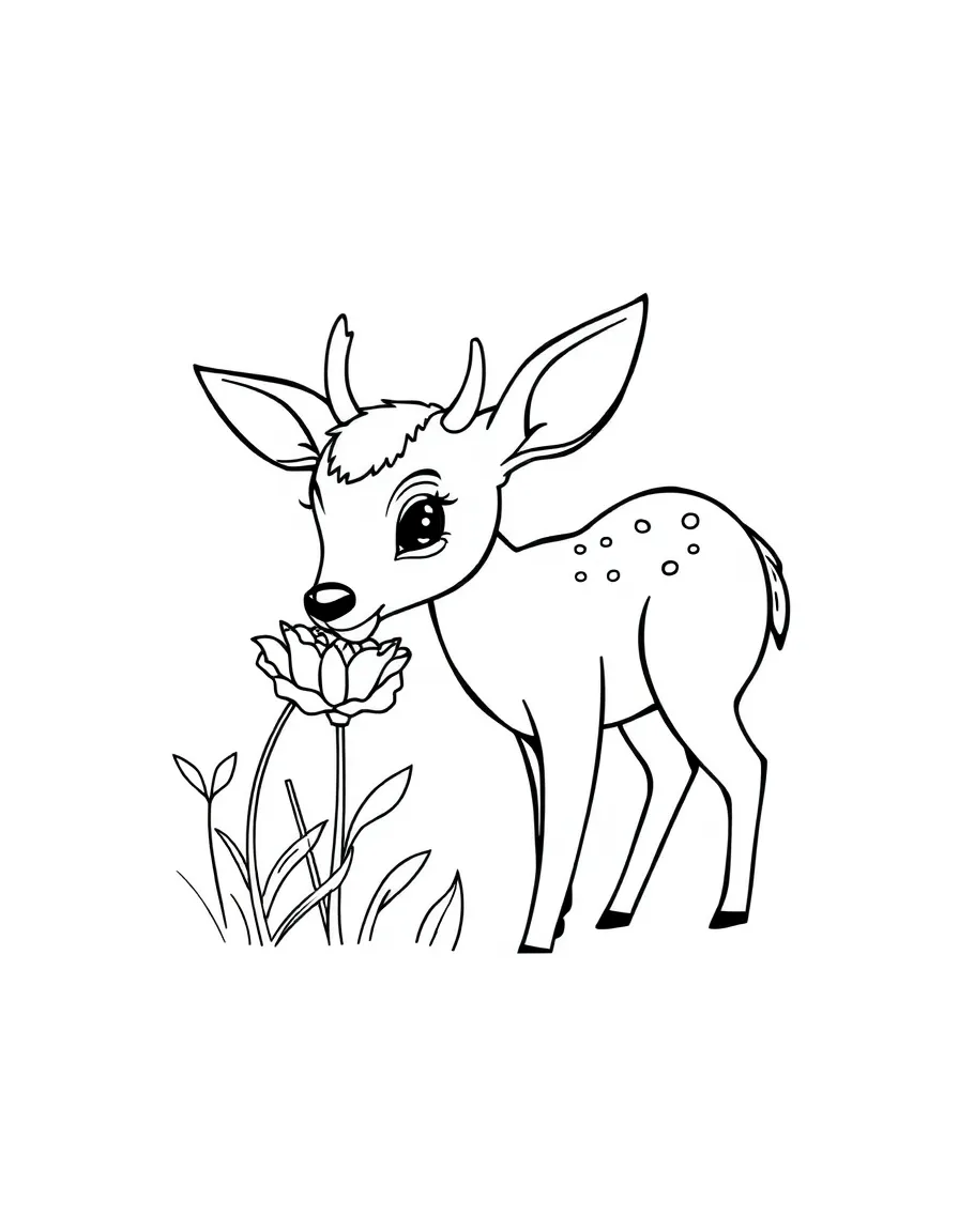 A shy deer smelling a flower.