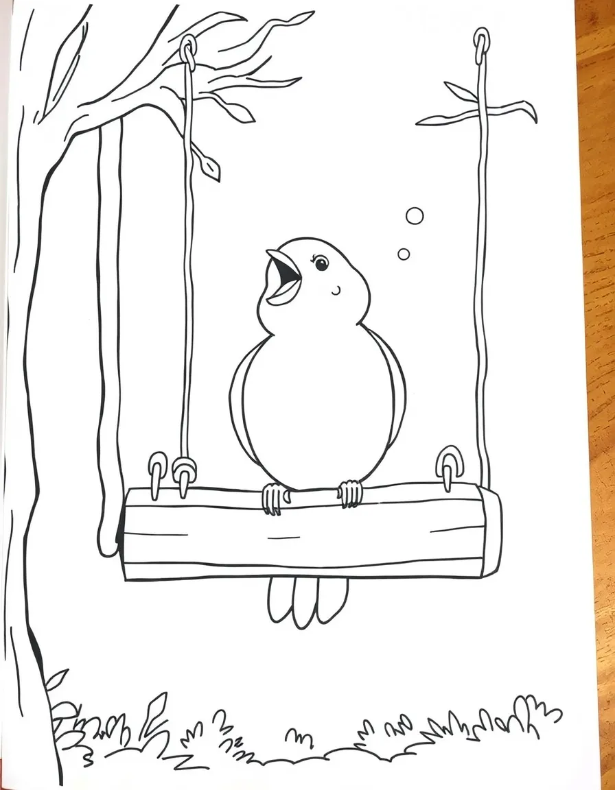A singing bird on a swing.