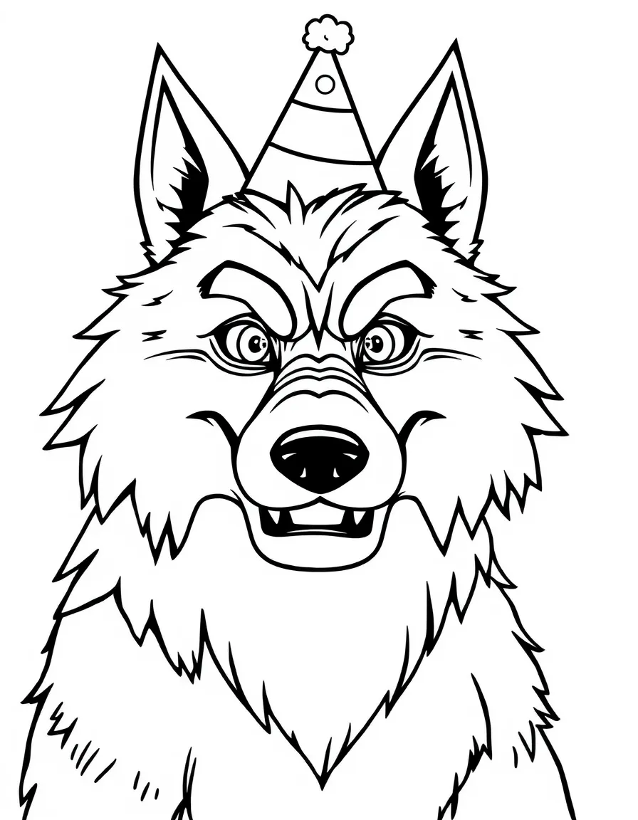 A big bad wolf wearing a party hat.