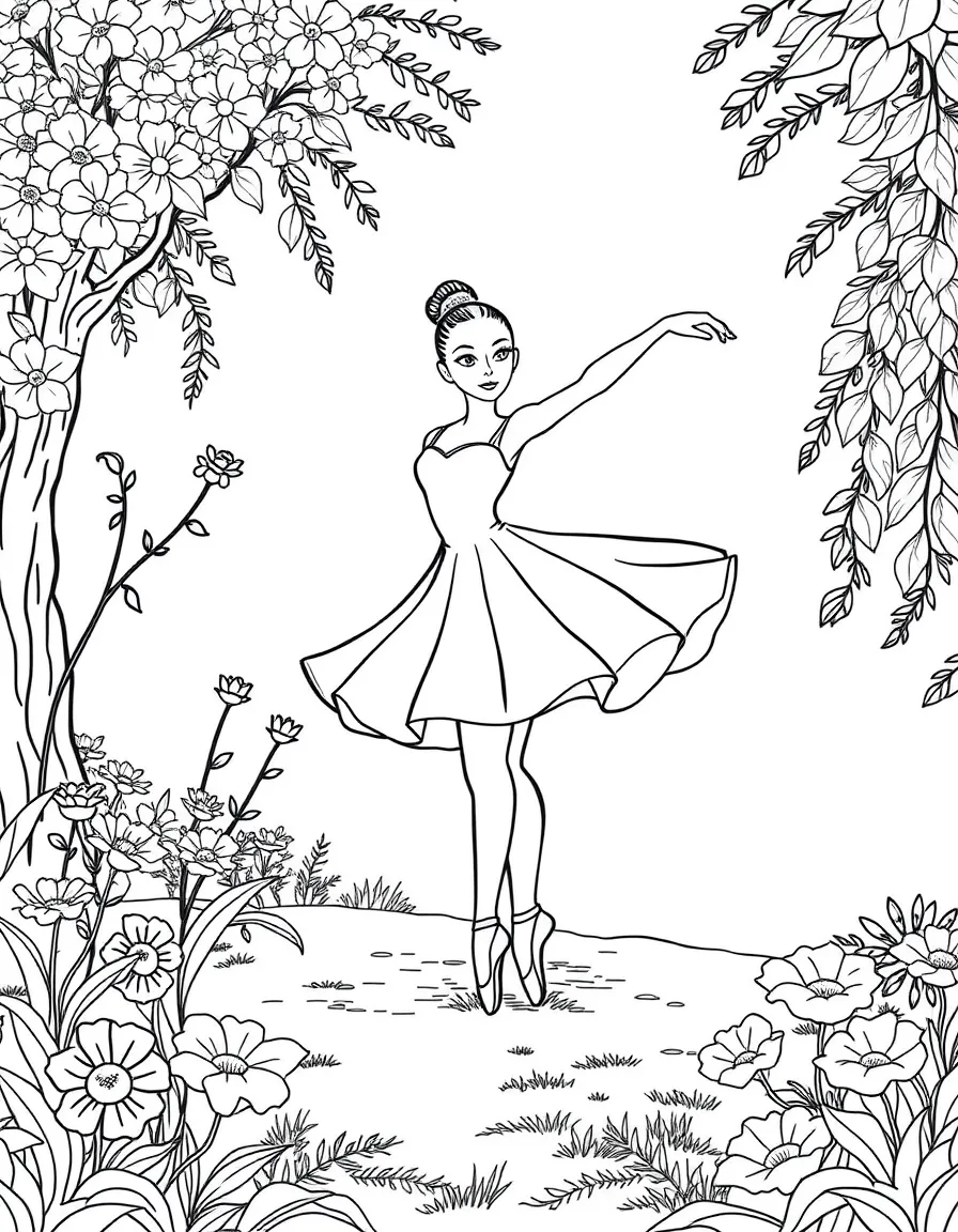 A graceful ballerina twirling in a garden.
