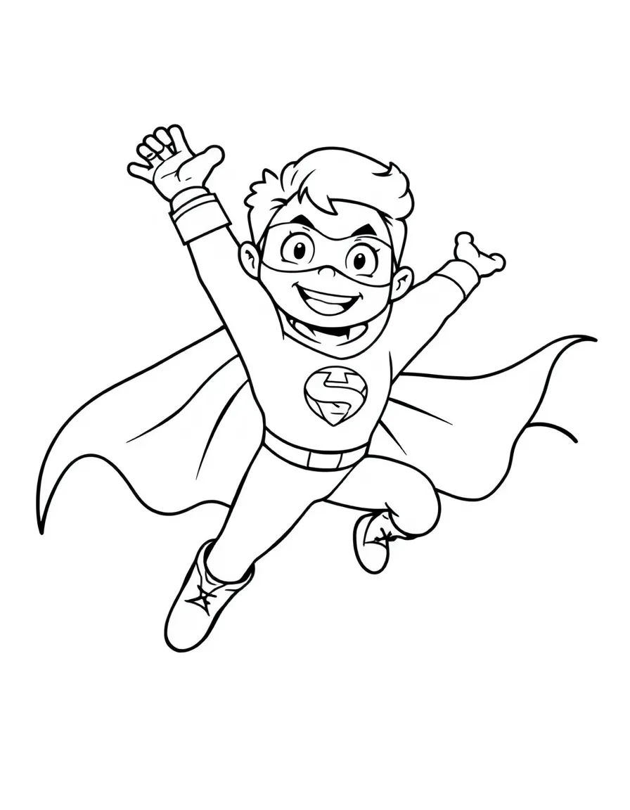 A strong superhero flying with a smile.