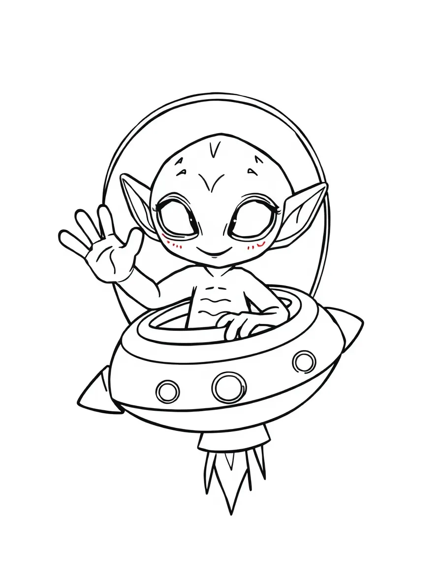A friendly alien waving from a spaceship.