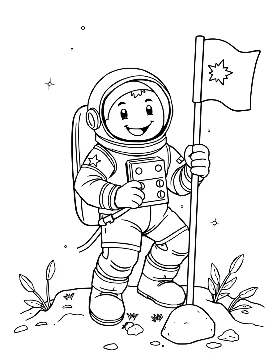 A happy astronaut planting a flag.
