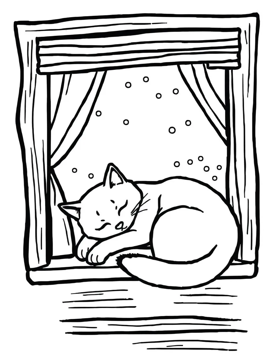 A sleepy cat curled up by a window.