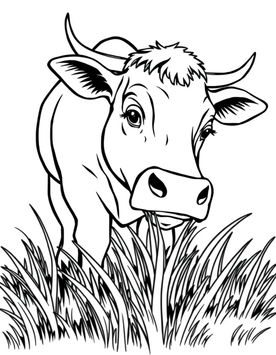A mooing cow eating grass.