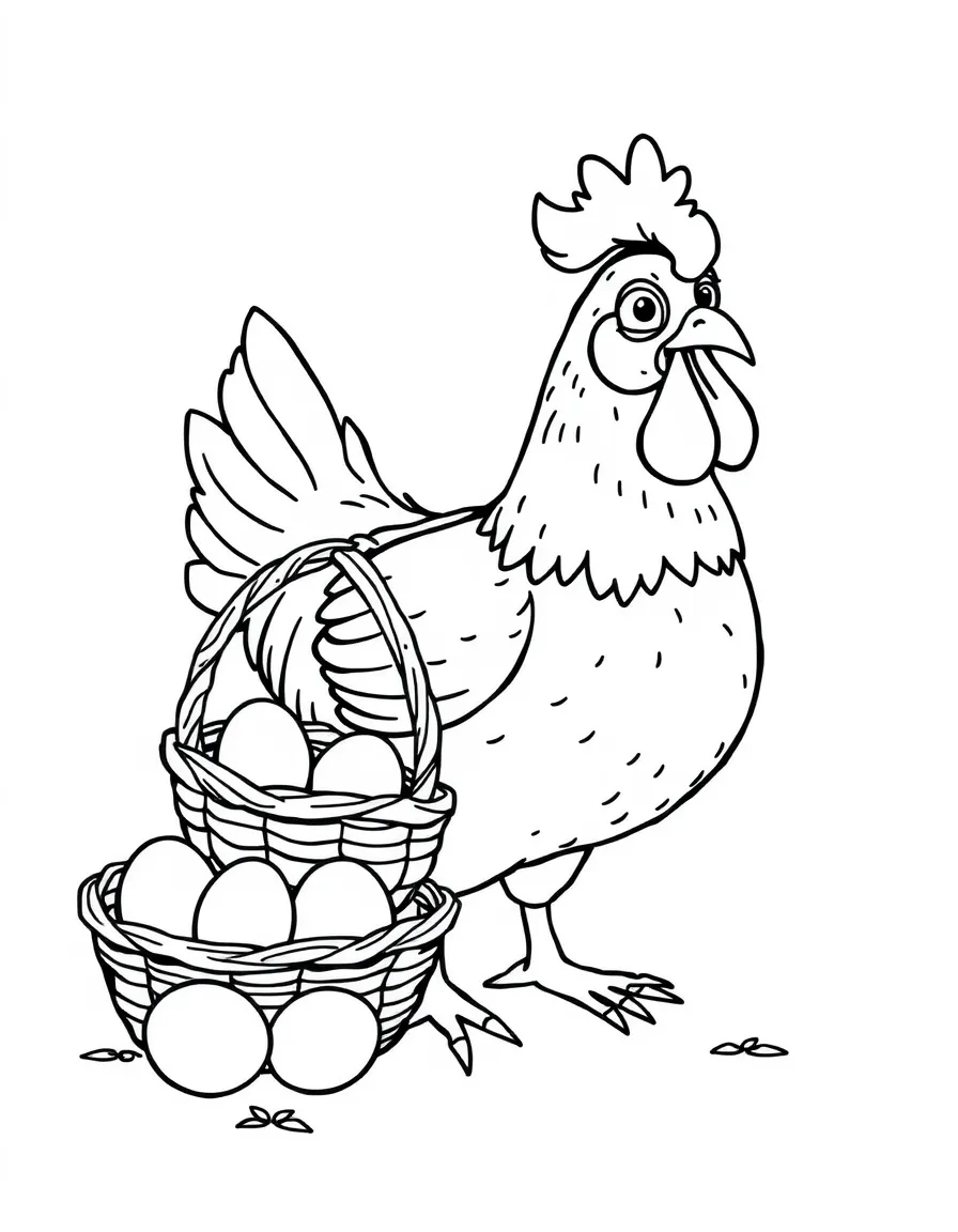 A clucking chicken with a basket of eggs.