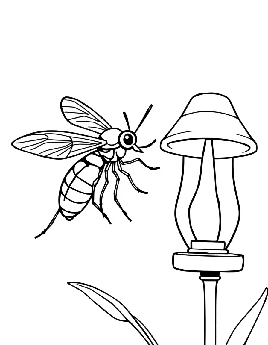 A buzzing mosquito flying near a lamp.
