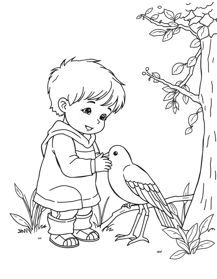 A child helping a bird.