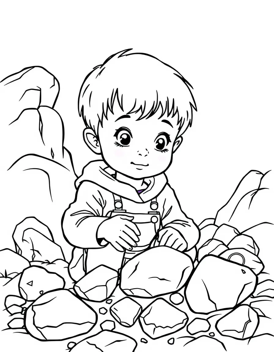 A child collecting shiny rocks.