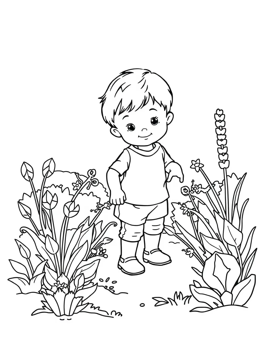A child exploring a garden.