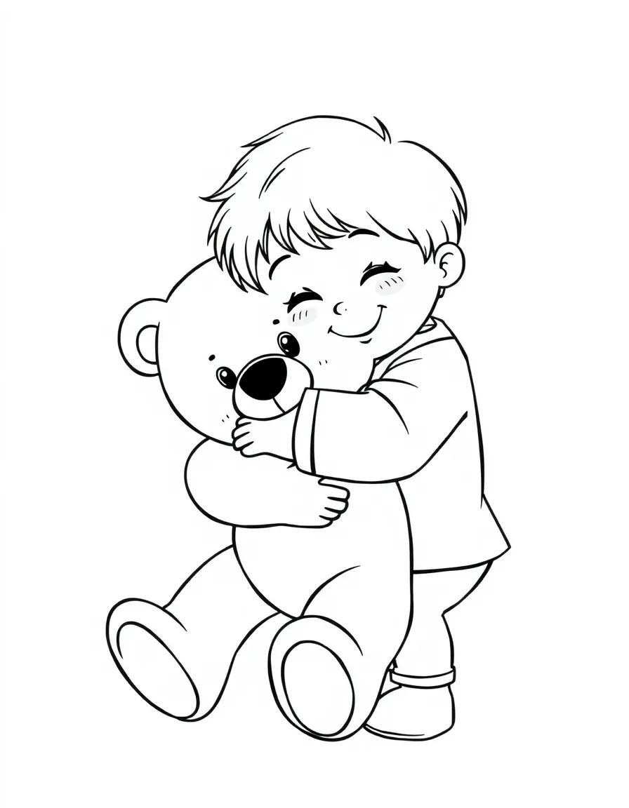 A child hugging a teddy bear.