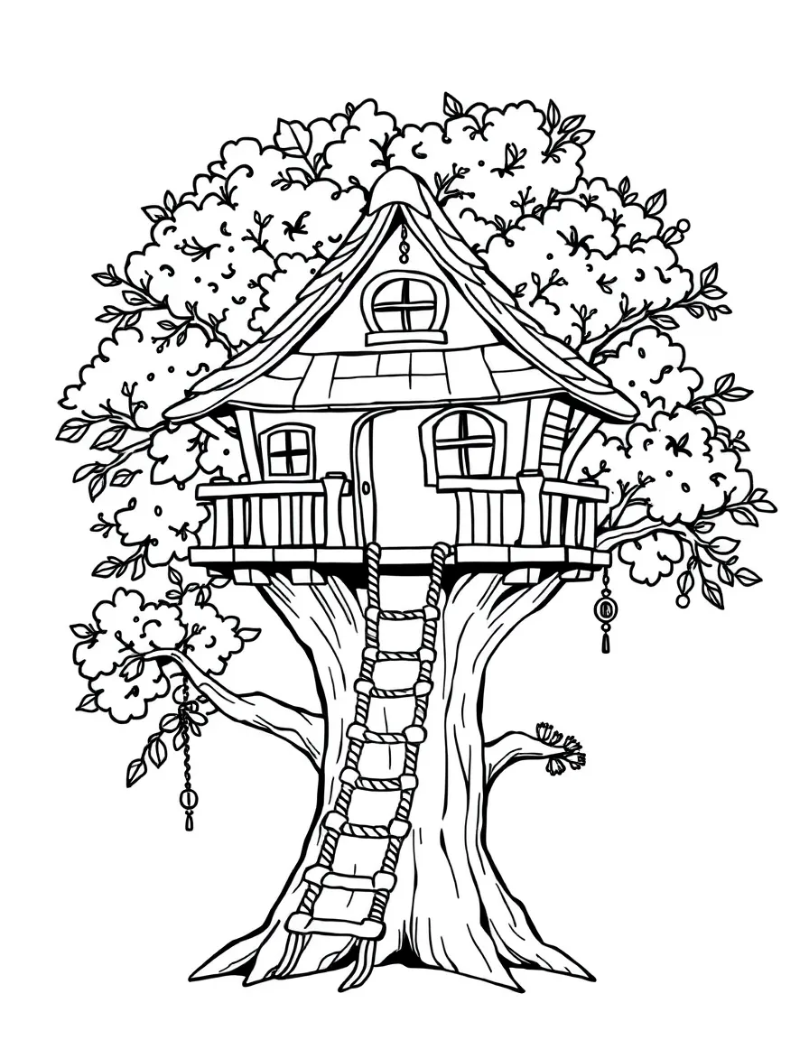 A cozy treehouse with a rope ladder.