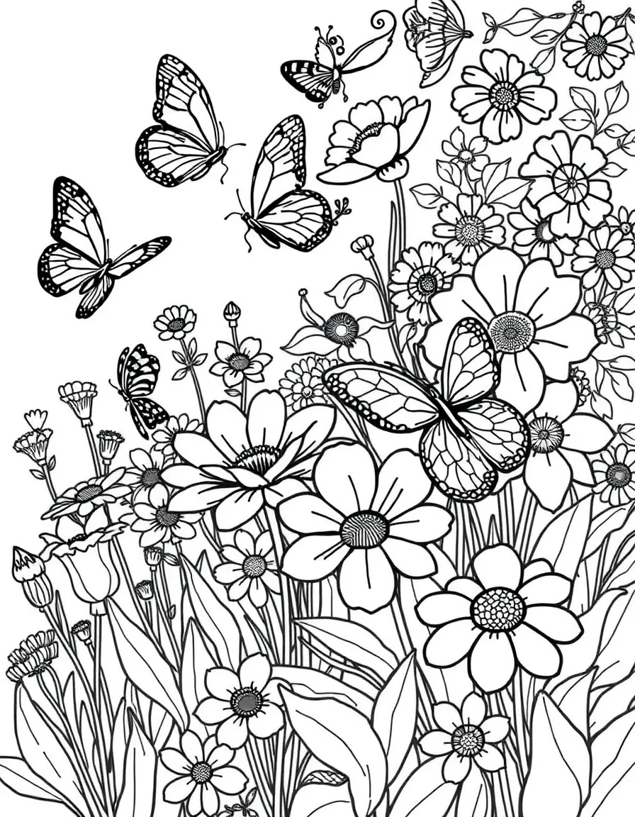 A vibrant flower garden with butterflies.