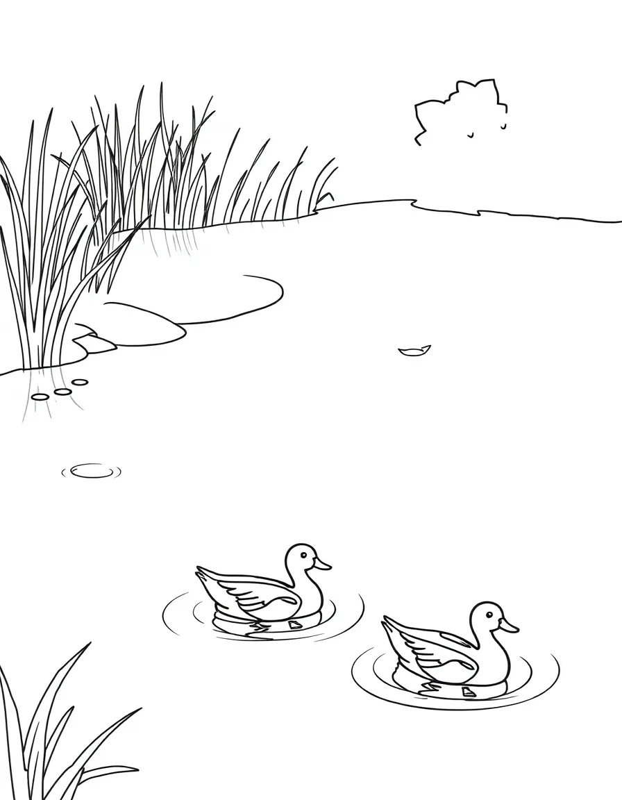 A calm pond with ducks swimming.