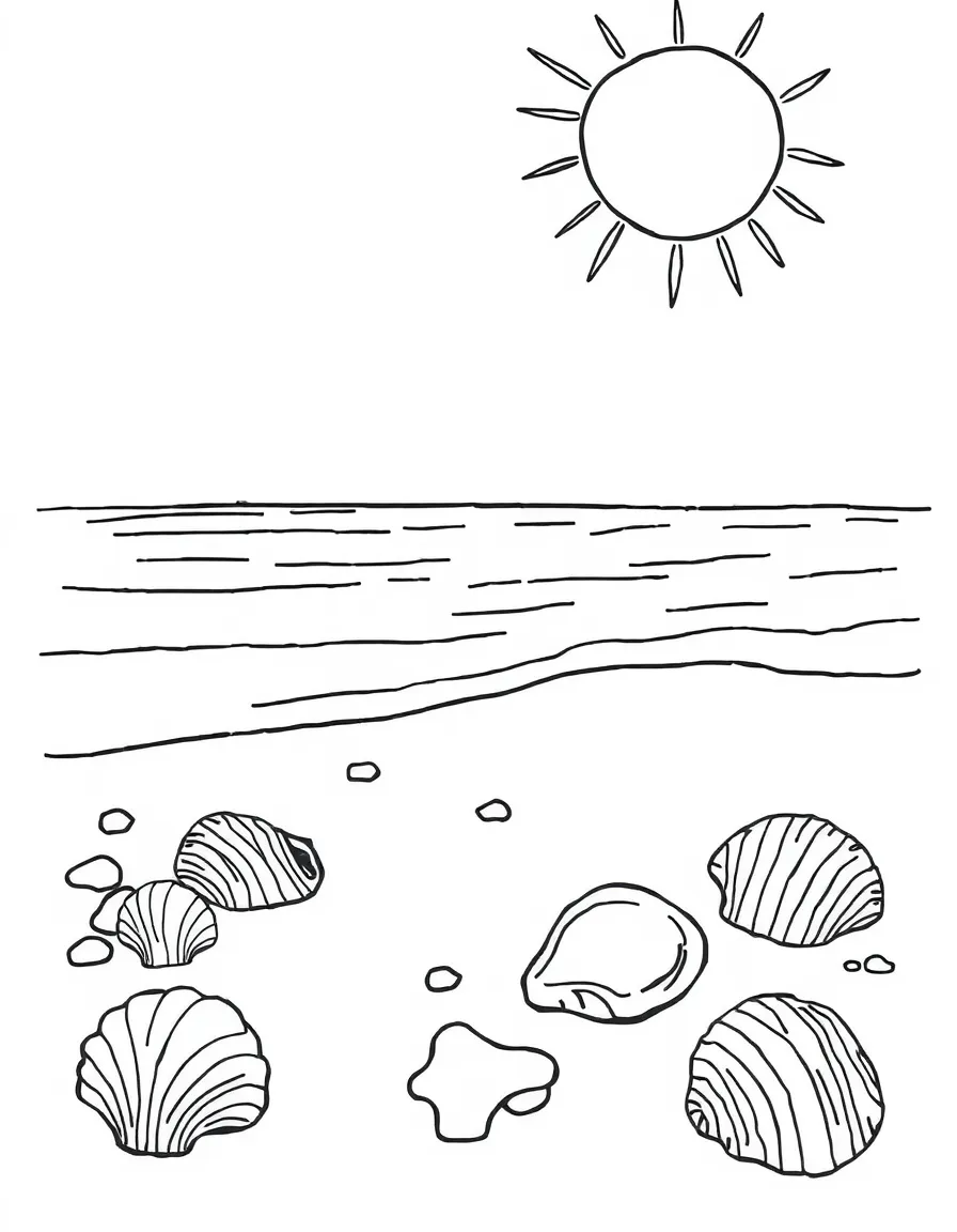 A sunny beach with seashells.