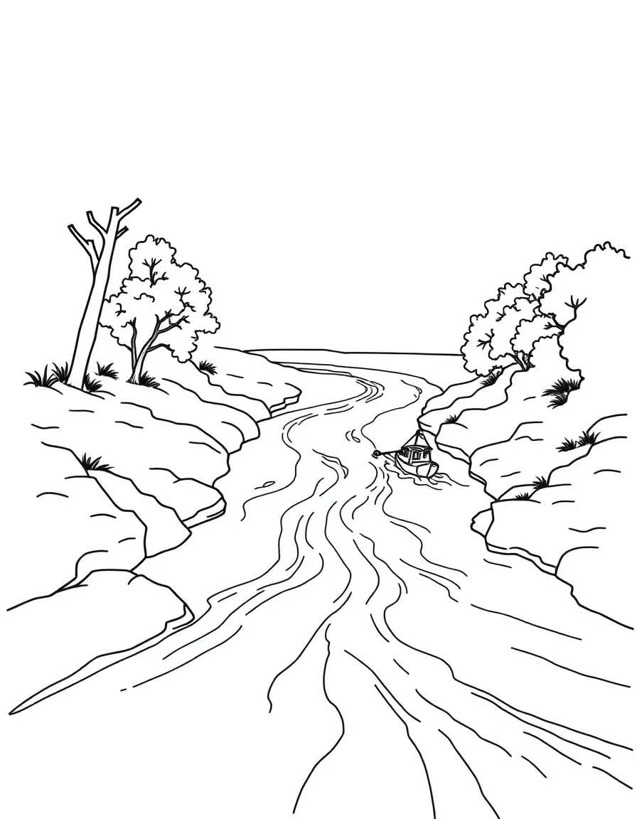 A flowing river with a tiny boat.
