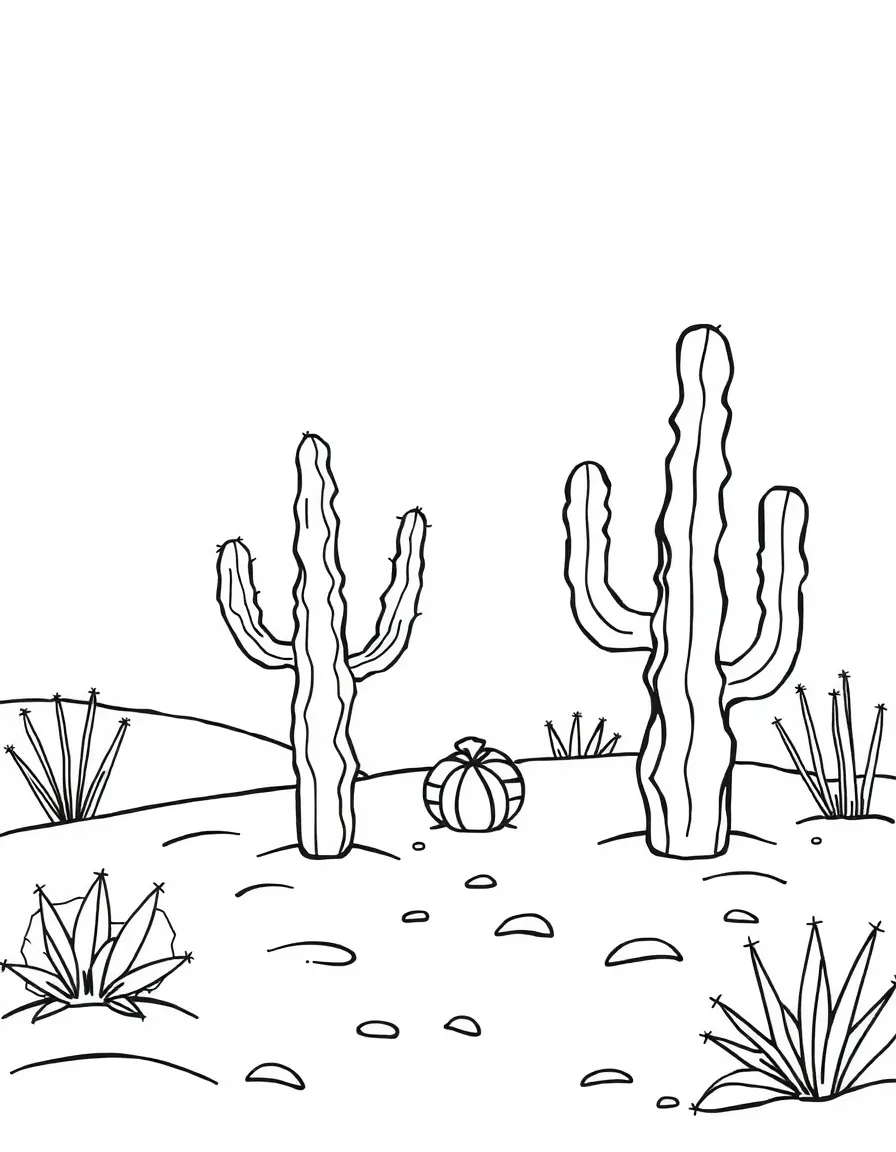 A sandy desert with friendly cacti.