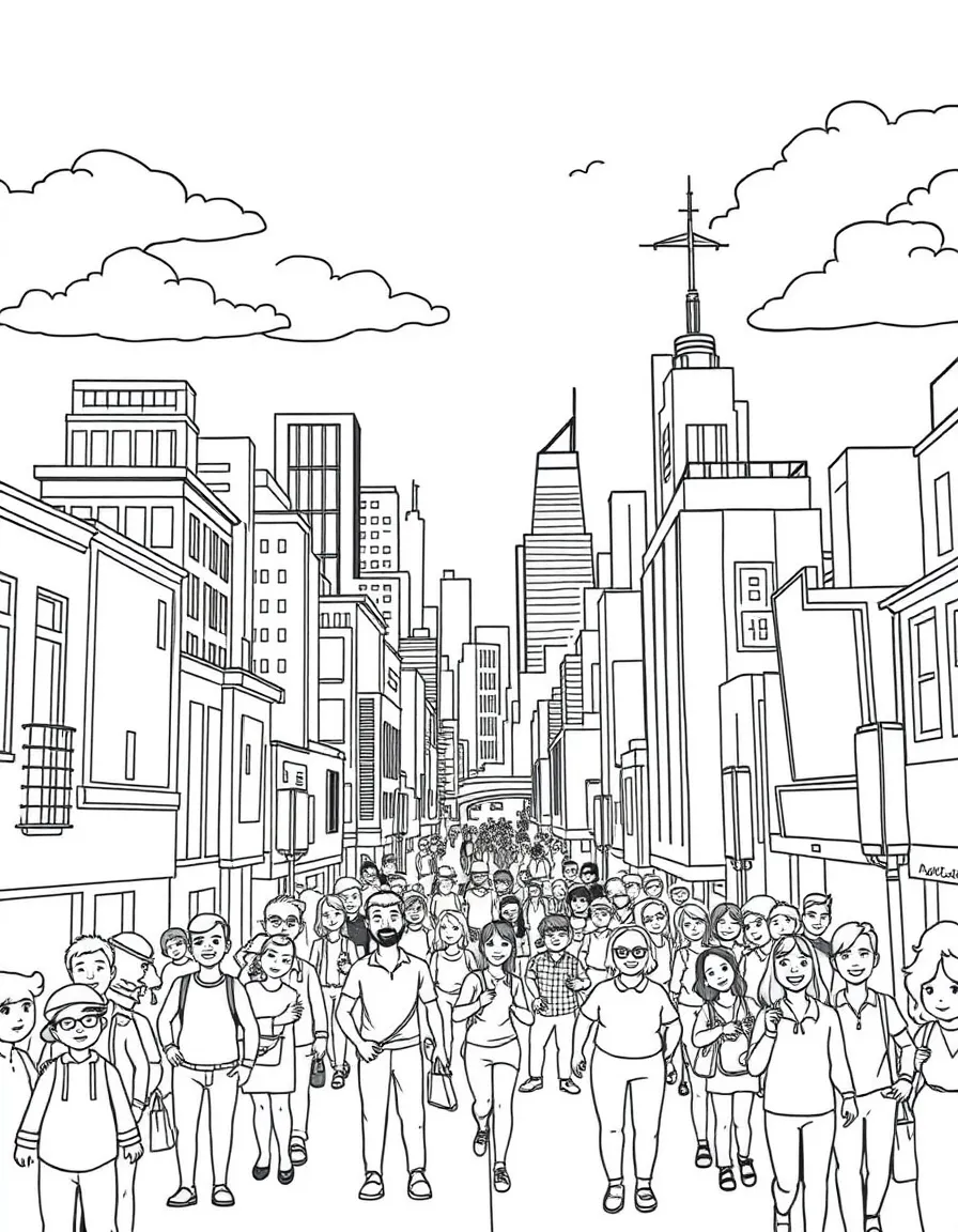 A bustling city with happy people.