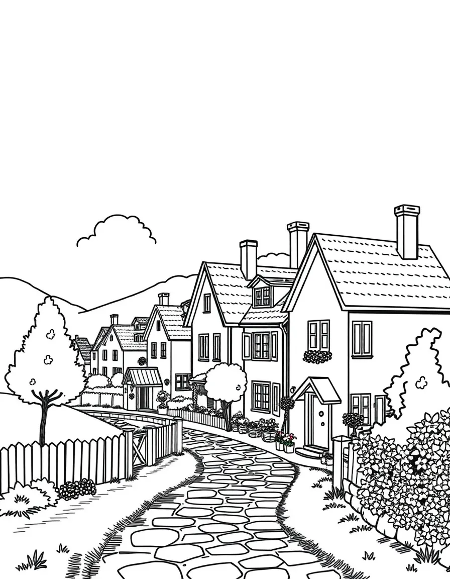 A quiet village with charming houses.