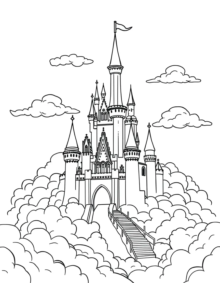 A magical castle surrounded by clouds.