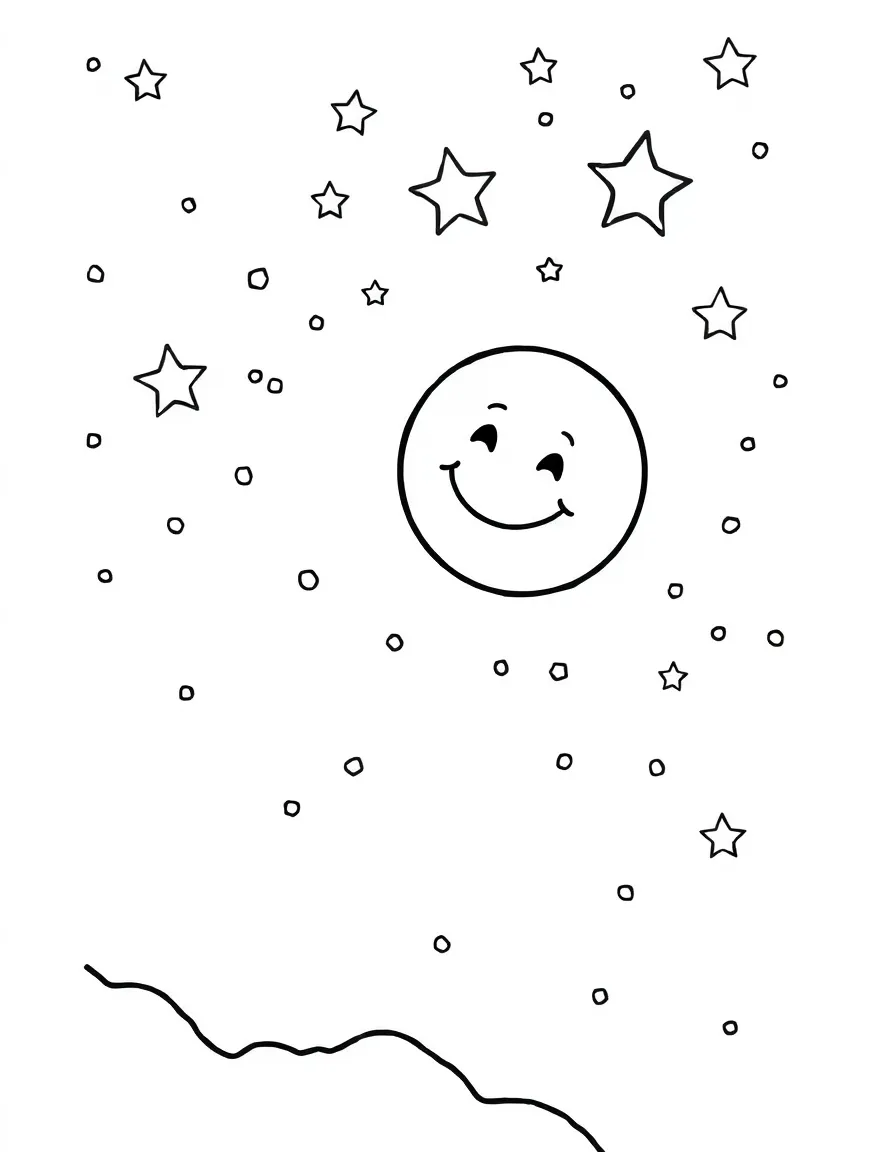 A starry night sky with a smiling moon.