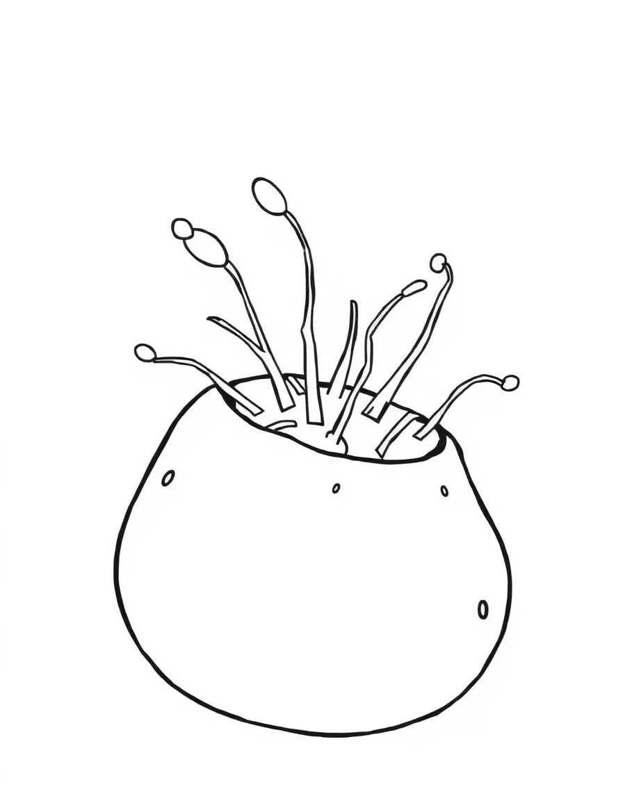 A brown potato with sprouts.