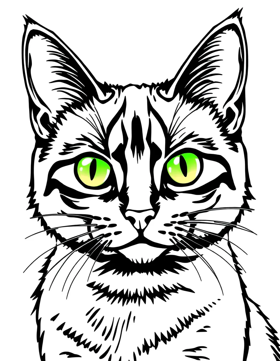 A black cat with green eyes.