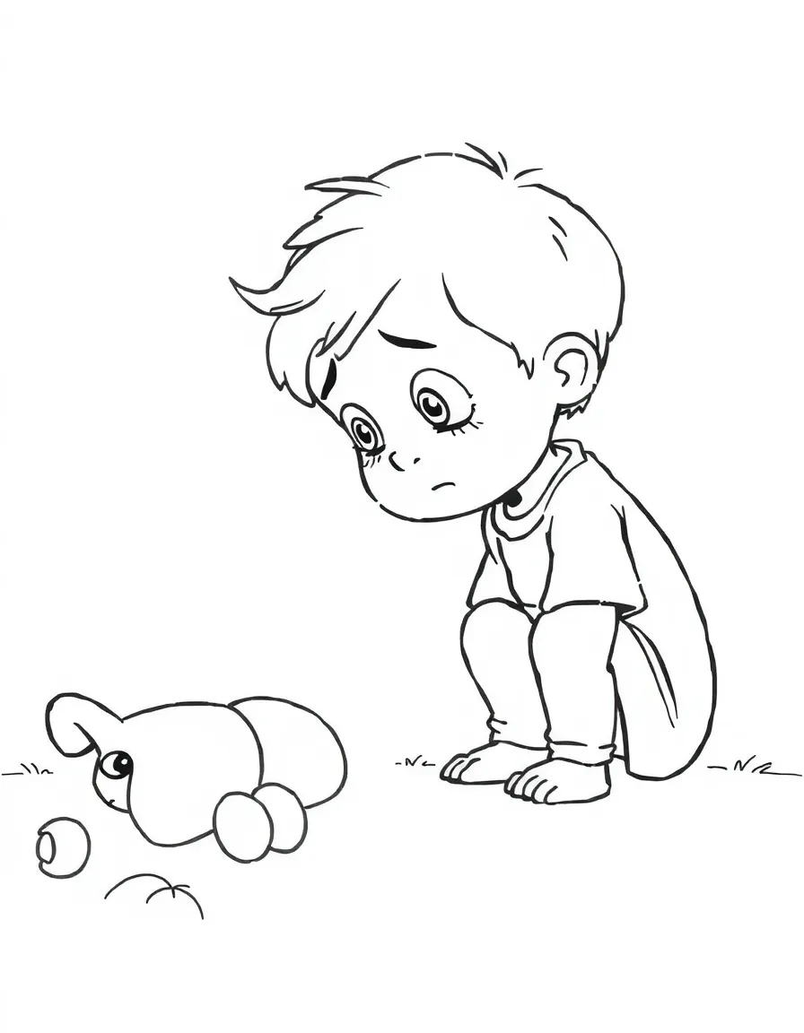 A sad child looking at a lost toy.