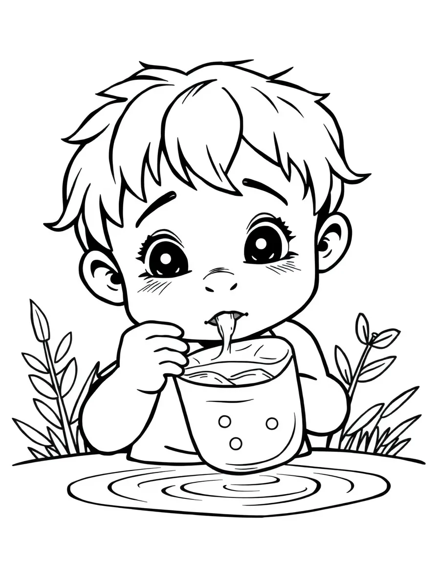 A thirsty child drinking water.