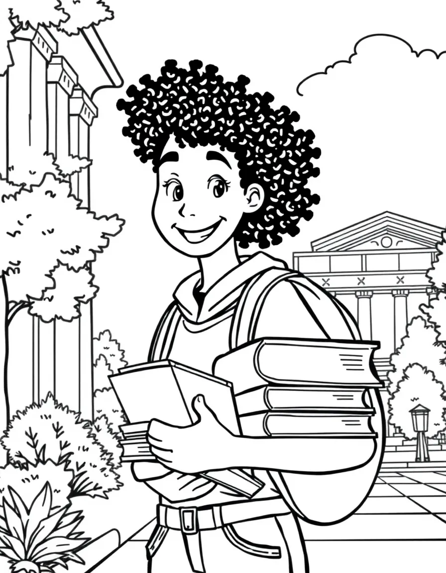 A smiling college student holding a stack of books on campus