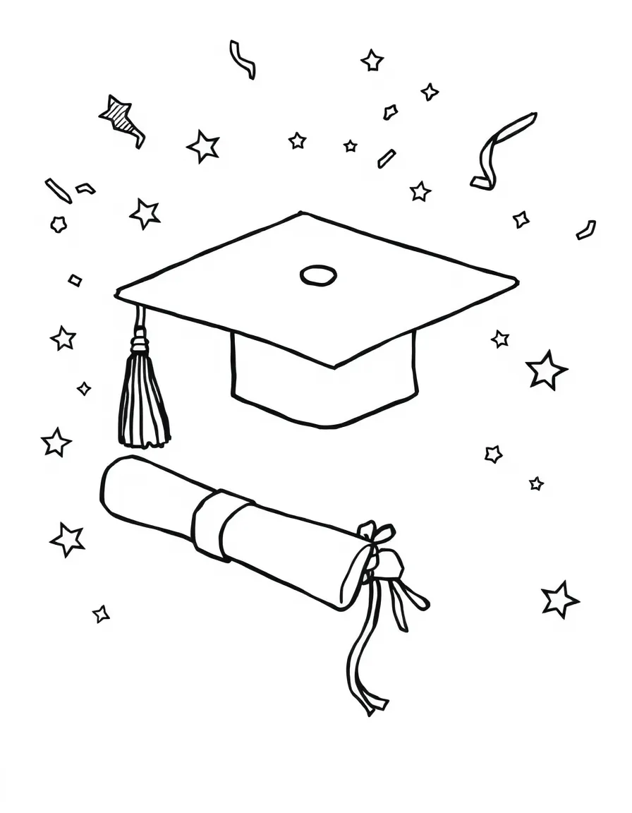 A graduation cap and diploma with confetti and stars around