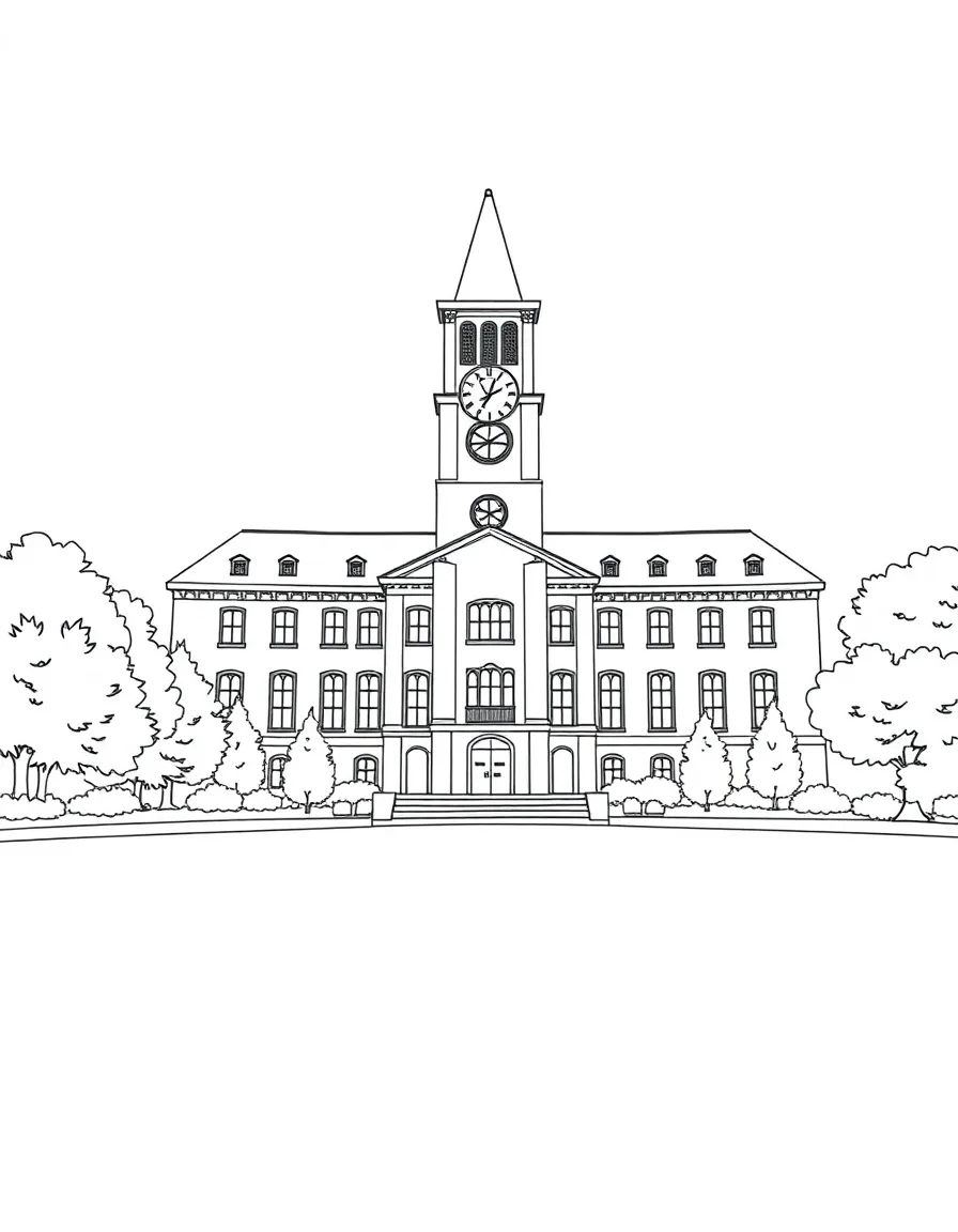 A large university building with a clock tower and open lawn