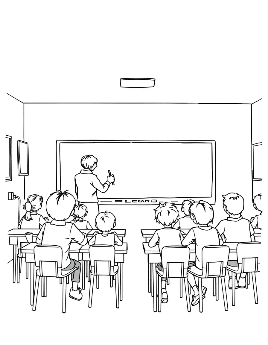 A classroom scene with a teacher at the blackboard and students sitting at desks