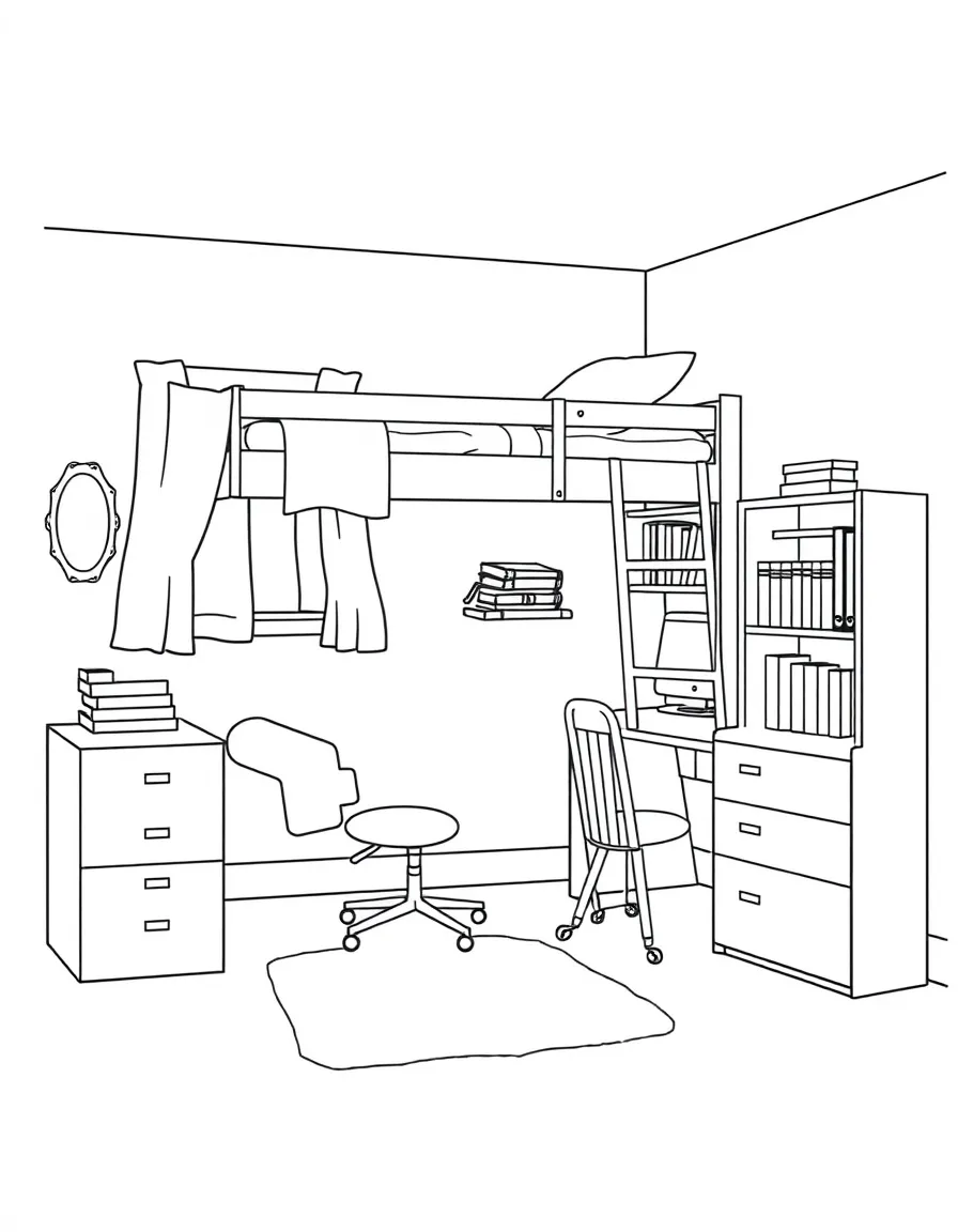 A college dorm room with a bunk bed, desk, and bookshelf